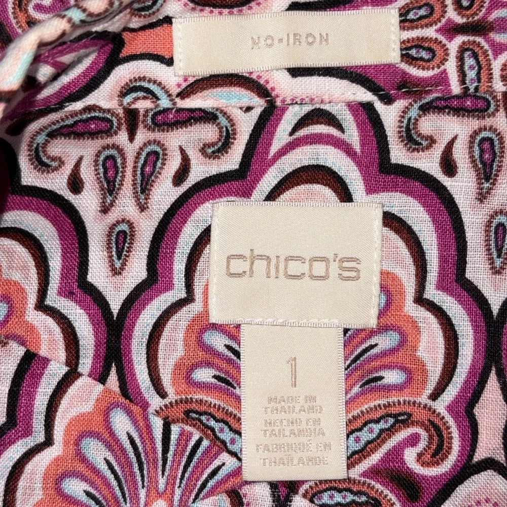 Chico's Top Womens Size 1 Pink‎ Linen No-Iron Paisley Button 3/4 Sleeve Career